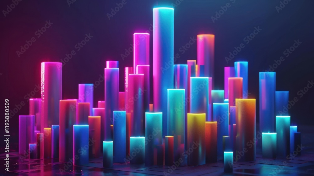 Vibrant neon cityscape with glowing cylindrical structures in various colors, creating futuristic atmosphere. scene evokes sense of wonder and innovation