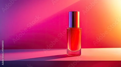 A glossy bottle of semi-permanent nail varnish with dual shades, styled with artistic nail designs and chic props.