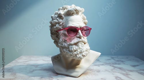 Bust Sculpture of Philosopher in Pink Sunglasses on Marble Surface with Light Blue Background photo