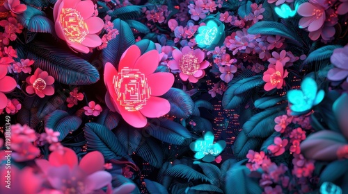 Vibrant Abstract Floral Design with Neon Colors and Digital Effects