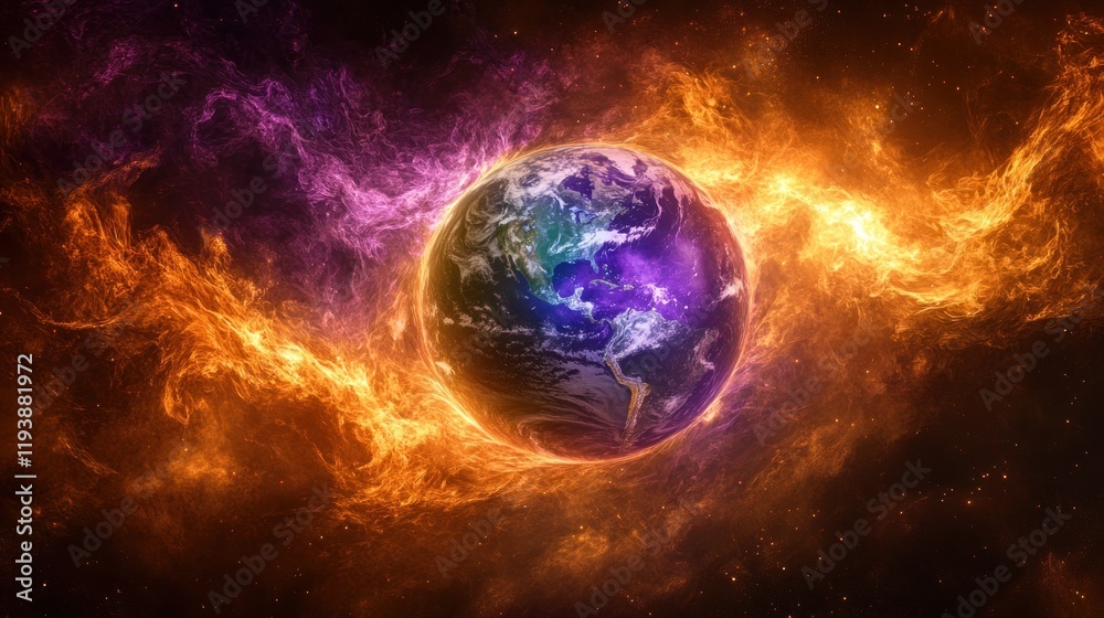 Earth engulfed in vibrant nebula, space backdrop. Earth engulfed in vibrant nebula, space backdrop.