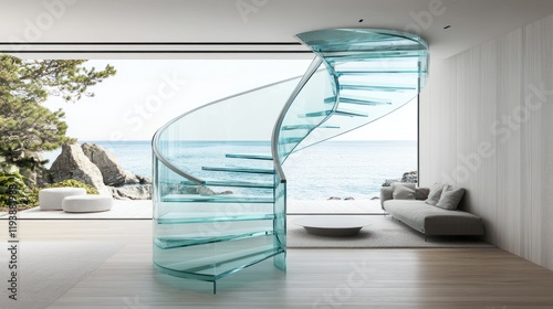 Modern Glass Spiral Staircase with Ocean View