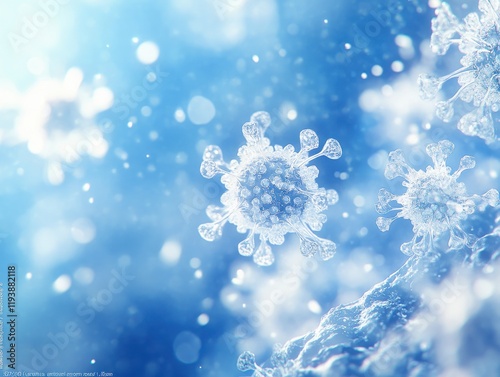 Abstract representation of virus particles in a blue mist, depicting microscopic details with a futuristic and ethereal quality suitable for scientific and medical themes.