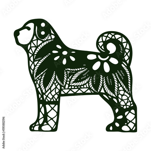 Black and White Vector Illustration of an Ethnic Dog, Featuring Intricate Tribal Patterns, Loyal Expression, and Bold Cultural Elements, Perfect for Wildlife Art