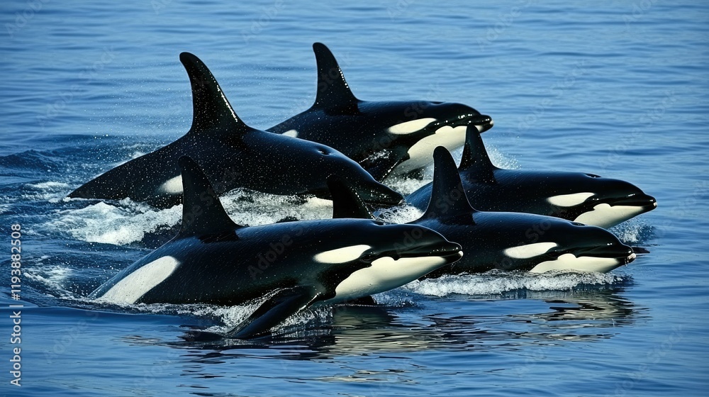 Fototapeta premium Pod of killer whales swimming together, their black and white patterns distinct in the clear blue waters of the open ocean