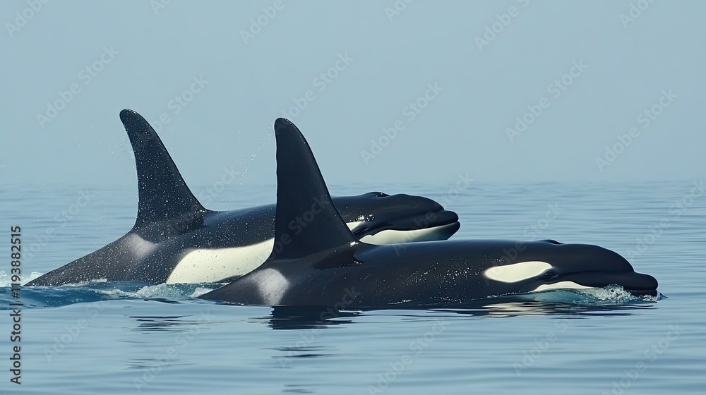 Fototapeta premium Pod of killer whales swimming together, their black and white patterns distinct in the clear blue waters of the open ocean