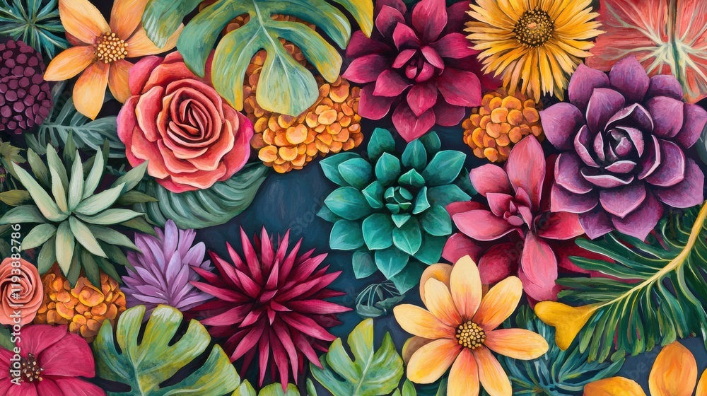 Fototapeta premium Vibrant Floral Arrangement with Succulents and Tropical Leaves