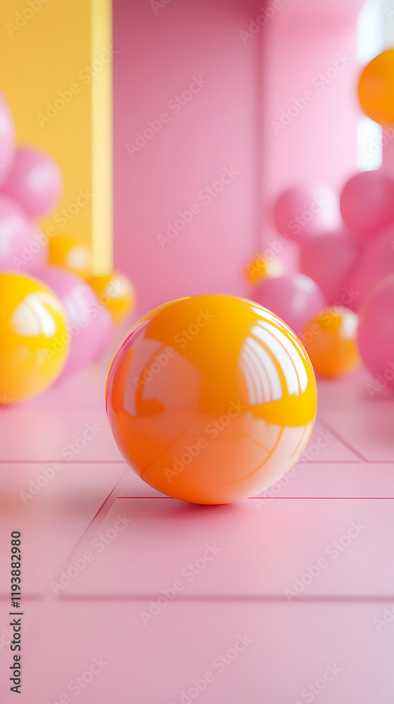 Orange Sphere on Pink Floor: Yellow and Pink Balls in Background, Creating Playful Abstract Composition. Orange Sphere on Pink Floor: Yellow and Pink Balls in Background, Creating Playful Abstract Composition.