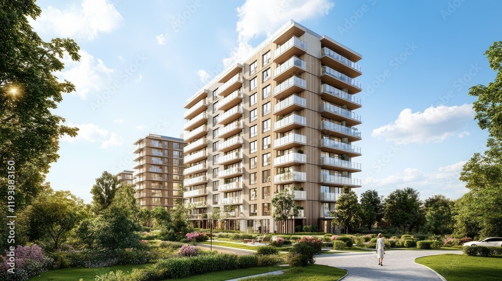 Scandinavian-inspired residential building with a clean, modern design and natural wood finishes, standing tall under a sunny blue sky Scandinavian-inspired residential building with a clean, modern design and natural wood finishes, standing tall under a sunny blue sky