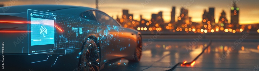 Futuristic Electric Car Charging in Cityscape with Digital Holographic Interface Displaying Battery Status and Eco Symbols at Sunset Futuristic Electric Car Charging in Cityscape with Digital Holographic Interface Displaying Battery Status and Eco Symbols at Sunset