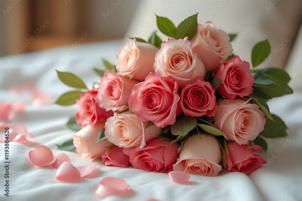 Rose bouquet. Soft focus of a Rose bouquet on a bed, romantic, honeymoon and Valentine's concept. Rose bouquet. Soft focus of a Rose bouquet on a bed, romantic, honeymoon and Valentine's concept.