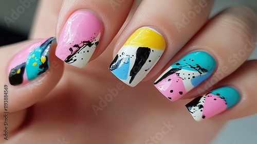 Elegant and creative nails with colorful designs on a young woman's hand, styled innovatively on a soft light background. photo