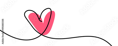 Minimalist pink heart with a continuous black line, symbolizing connection and love. Vector illustration.