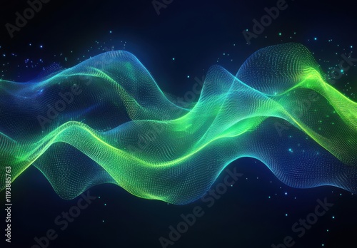 Abstract Waves of Light in Vibrant Green and Blue Colors Creating a Dynamic Digital Background for Technology and Innovation Themes