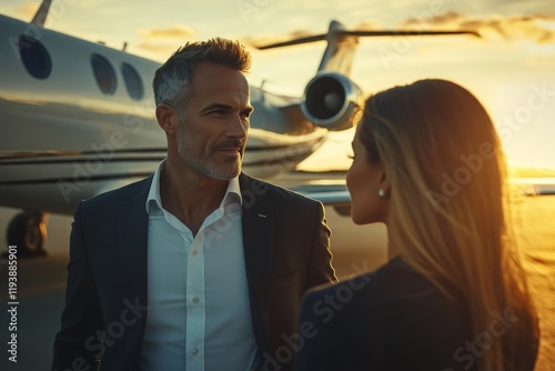 Business Professionals Relaxing in a Private Jet Against a Beautiful Sunset, Showcasing Luxury Travel and Networking Opportunities. photo