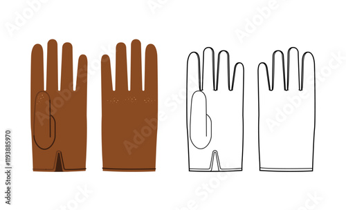 Wrist Length Gloves brown cartoon and outline Fashion hand accessory clothing technical illustration garment. Vector for Men, women, unisex style flat template CAD mockup sketch on white background