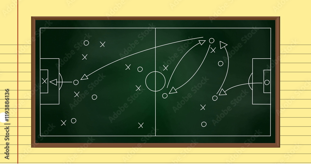 Fototapeta premium Image of football sports field with tactics and strategy drawings on ruled paper background