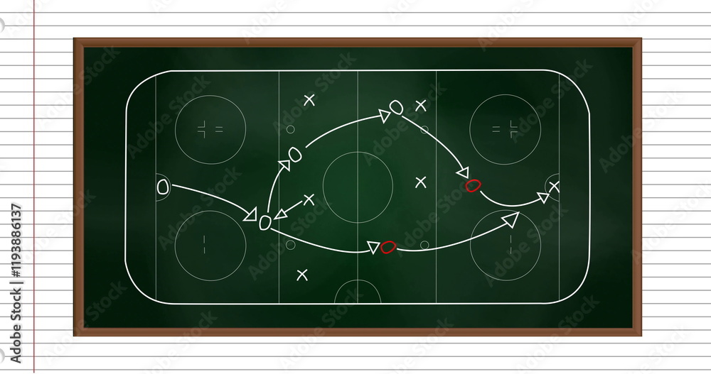 Naklejka premium Image of ice hockey sports field with tactics and strategy drawings on ruled paper background