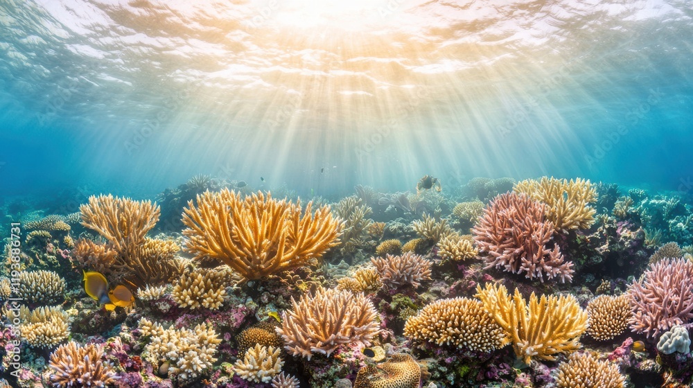 Obraz premium Vibrant Underwater Coral Reef with Sunlight Rays and Marine Life