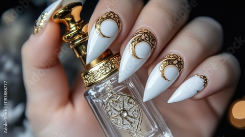 Golden crescent moon nail art on long nails, holding a perfume bottle with an intricate gold cap. photo