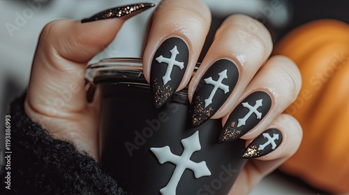 Fototapeta Naklejka Na Ścianę i Meble -  Halloween nails in black and white with subtle cross details, photographed with a pumpkin spice latte.