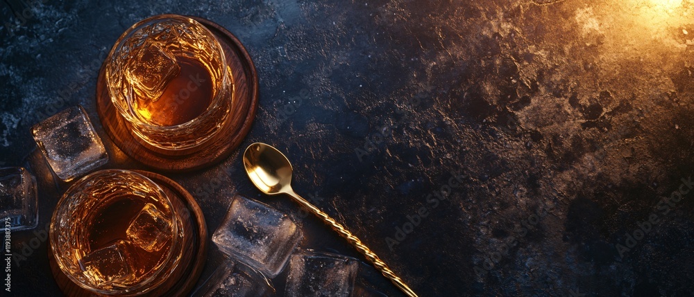Flat lay top view of whiskey glasses with golden spoon and ice cubes. Dark background. Copy space. Generative AI Flat lay top view of whiskey glasses with golden spoon and ice cubes. Dark background. Copy space. Generative AI
