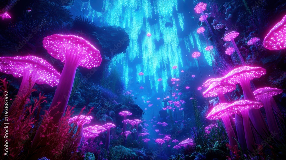 Naklejka premium Enchanted Forest with Glowing Mushrooms and Vibrant Blue Lights