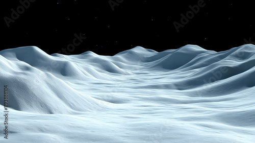 Undulating Snowscape Under Starlit Sky, A serene winter landscape, featuring smooth, rolling hills of snow under a dark, starry night sky.