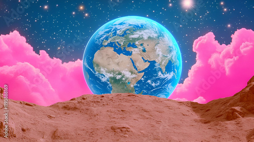 Cosmic Planetrise over Martian-like Landscape, Pink Clouds Drifting Above, Vivid Colors Showcase Surreal Beauty