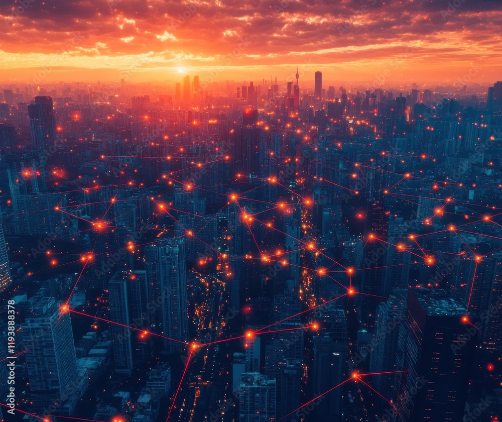 Fototapeta premium Aerial View of a Vibrant Cityscape at Sunset with Network Connections Illustrating Urban Connectivity and Technological Advancement in Modern Cities