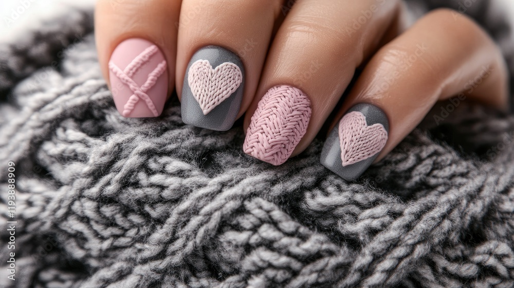 Romantic nail art featuring heart patterns in soft pastel shades and gray polish, a stylish Valentine's Day manicure on a woman's hand.