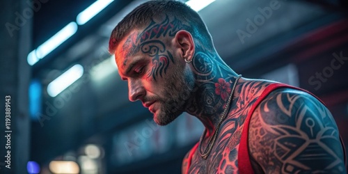 A striking portrait of a man adorned with tattoos where the neon reds and blues vividly accentuate the ink on his skin. The contrast of the light brings forward the complexities of