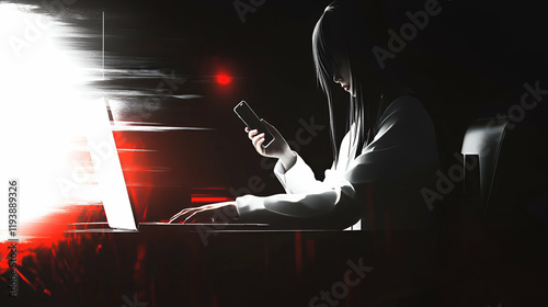 Cyberpunk Woman Using Laptop and Phone in Dark Room,  Working Late,  Intensely Focusing,  Secretly Communicating,  Digitally.
