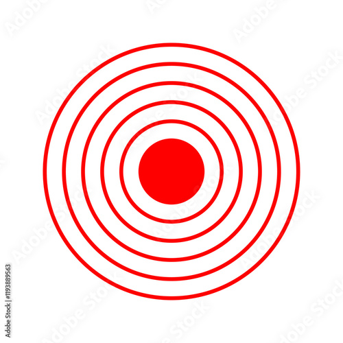 Red concentric circles with dot in center. Target, aim, goal concept. Pain localization, sore or inflammation symbol. Pulse or headache sign. Sound, radar or sonar wave pictogram. Vector illustration.