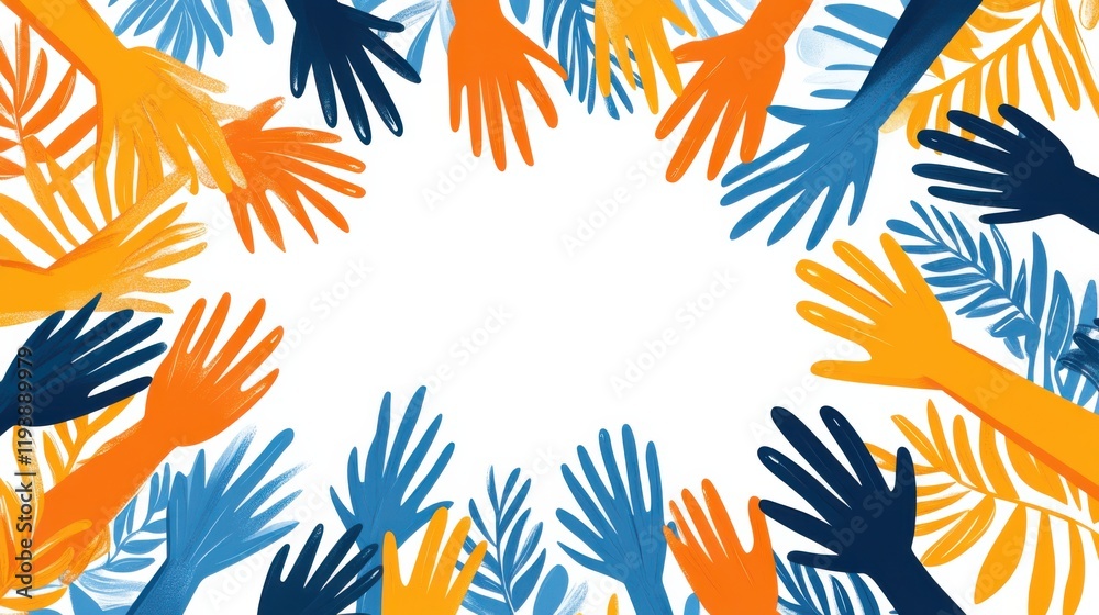 Fototapeta premium Vibrant and Colorful Hands in Various Shades Surrounding a Blank Space for Creative Designs and Communication in Community Engagement and Social Concepts