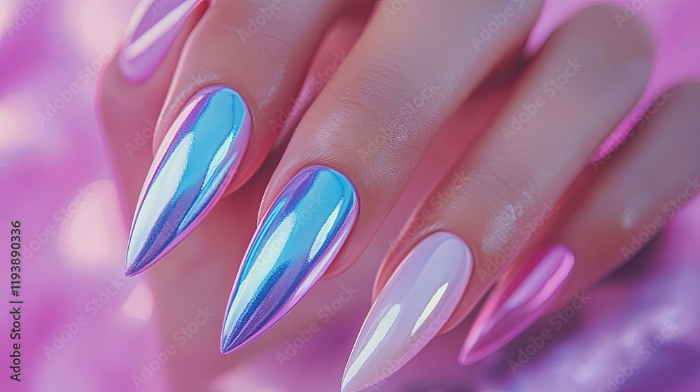 Naklejka premium Young woman's hand with colorful, innovative nail shapes, posed elegantly against a soft light background for a trendy manicure concept.