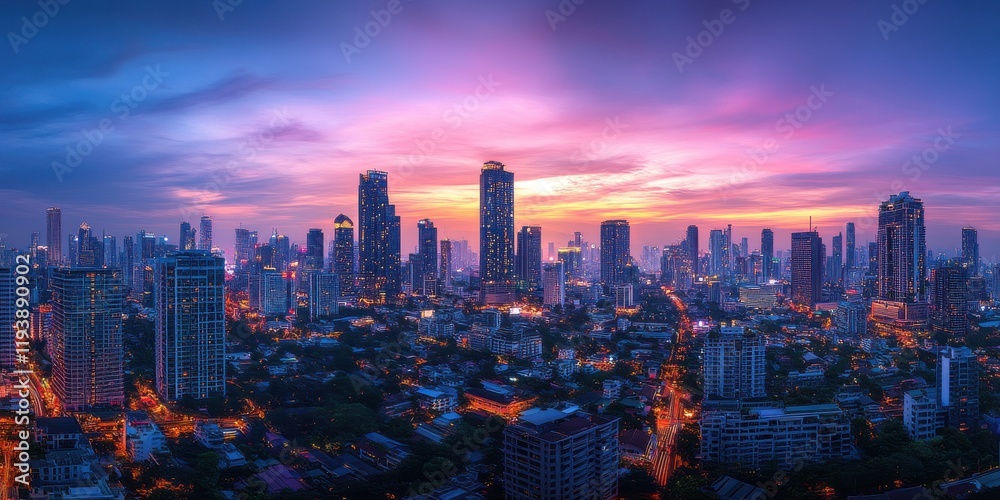 Fototapeta premium Breathtaking Urban Skyline at Dusk with Vibrant Colors and Majestic City Lights Reflecting on Modern Architecture in an Enchanting Evening Landscape