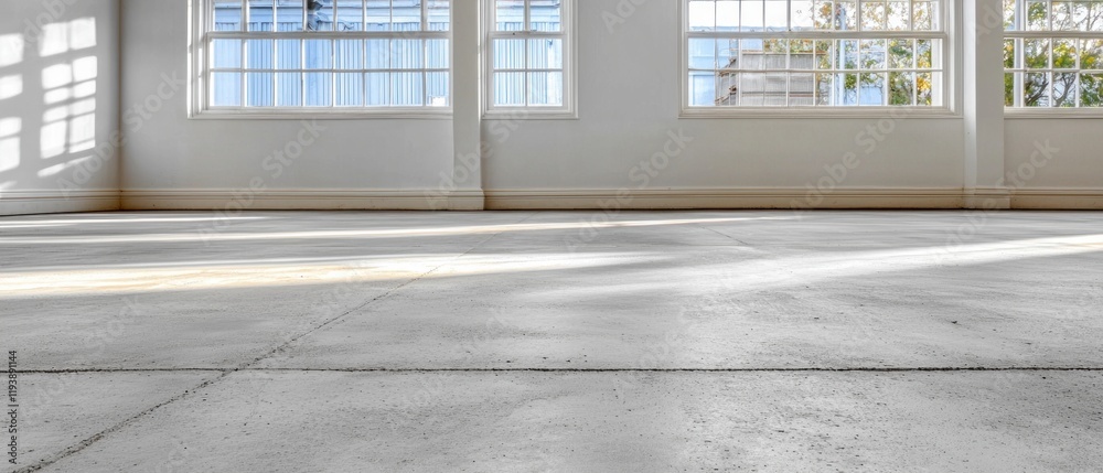 Fototapeta premium Sunlit Concrete Floor Empty Room Industrial Windows Urban Background