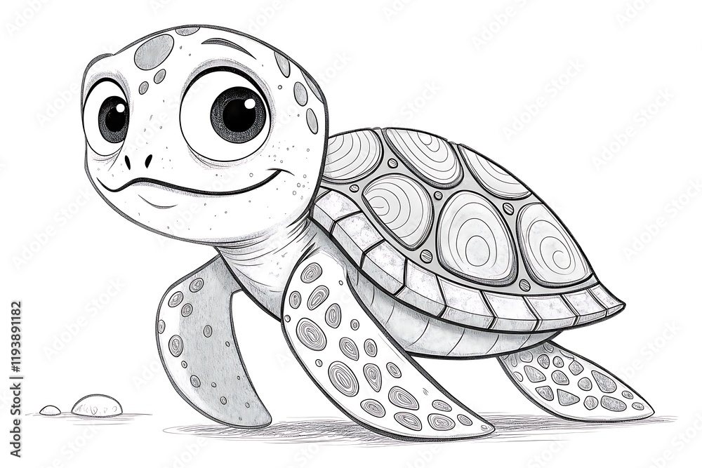 Fototapeta premium Adorable Hand-Drawn Cartoon Turtle with Large Eyes and Playful Expression, Perfect for Children’s Illustrations and Educational Materials Focused on Marine Life