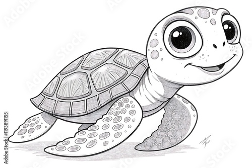 Cute cartoon turtle with oversized eyes and a friendly smile, showcasing intricate shell details and a lively pose, perfect for children's illustrations and educational materials.
