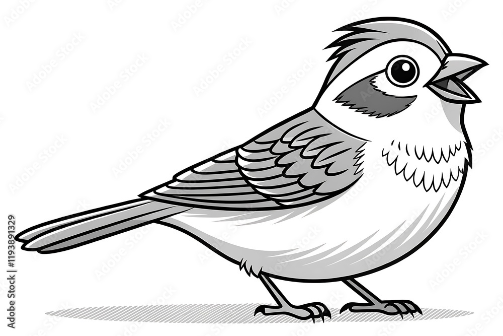 Obraz premium Cute cartoon bird illustration featuring a singing character with a round body, large eyes, and detailed feathers, perfect for children's books or nature-themed designs.
