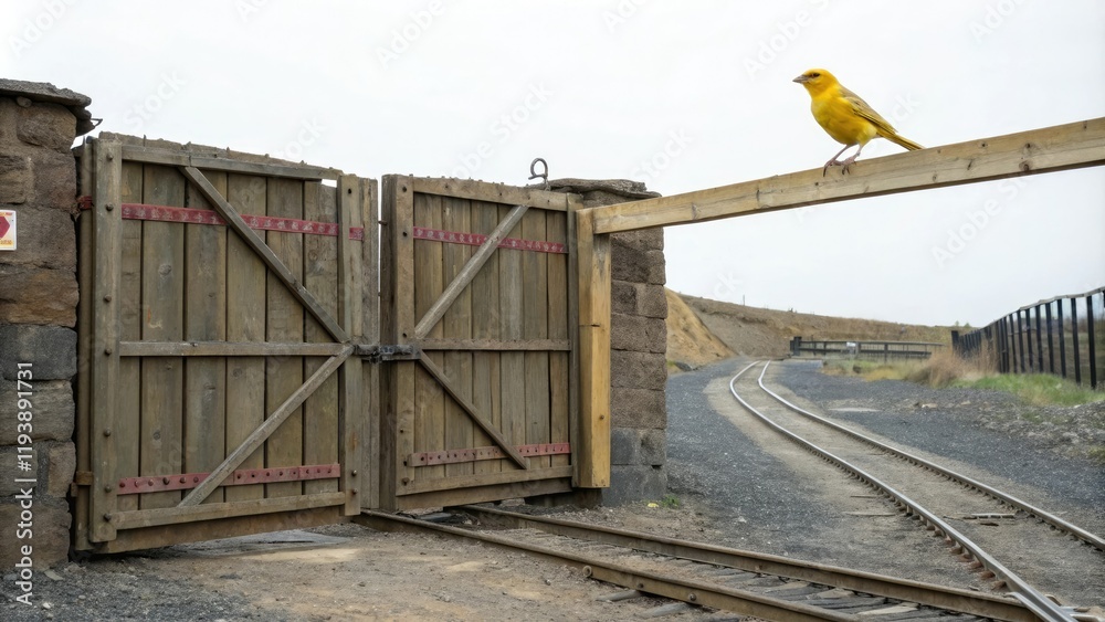 A bright yellow canary is perched on the edge of a large wooden gate that blocks the entrance to an underground mine, iron, solitude, wild birds, abandoned mine, yellow canary A bright yellow canary is perched on the edge of a large wooden gate that blocks the entrance to an underground mine, iron, solitude, wild birds, abandoned mine, yellow canary