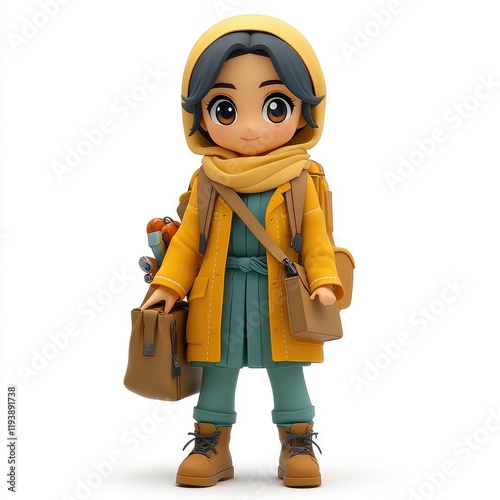 Charming 3D Render of a Stylish Female Traveler: Anime-Inspired Adventure photo