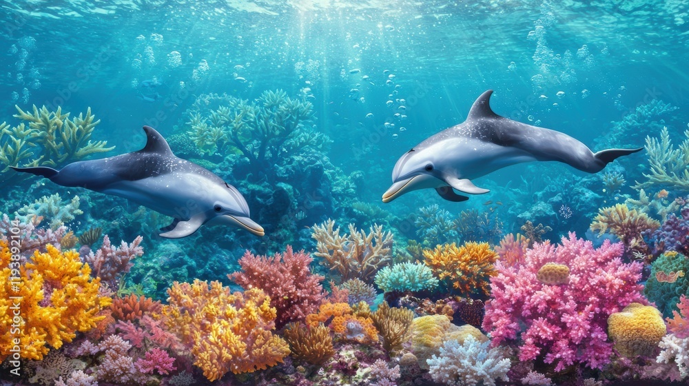 Obraz premium Two Dolphins Swimming Among Vibrant Coral Reef Underwater Scene