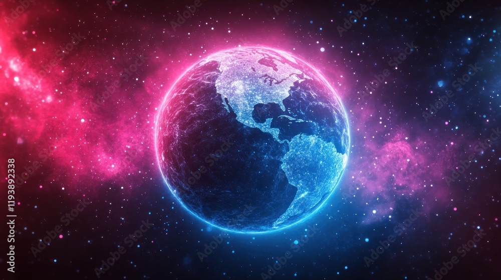 Naklejka premium Glowing Earth in vibrant nebula, stars backdrop.