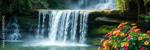 A cascade of water falls from a height, creating a misty veil that rises into the air, surrounded by lush greenery and vibrant flowers, water feature, serene atmosphere, water fall