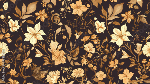 The image features an intricate floral pattern with leaves and flowers in shades of gold and brown, set against a dark background