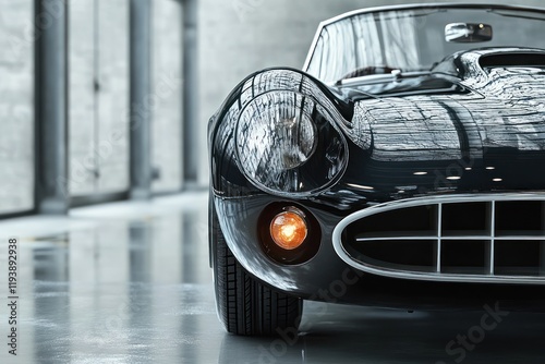 Vintage Black Sports Car in Minimalist Garage with Reflections and Shallow Depth of Field