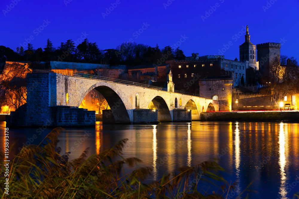 Obraz premium Night view of four surviving arches of Pont St-Benezet and Avignon Cathedral, France