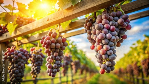 A cluster of grapes hanging from a wooden trellis in a vineyard on a sunny day, wine, landscape, farm
